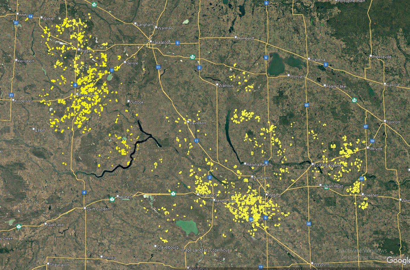 A satellite map of Saskatchewan, Canada, showing yellow clusters of data points concentrated around Rosetown, Moose Jaw, and Regina representing Provincial Airways Trade Area A satellite map of Saskatchewan, Canada, showing yellow clusters of data points concentrated around Rosetown, Moose Jaw, and Regina representing Provincial Airways Trade Area